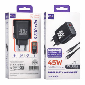 EGA φορτιστής Type-C USB-A PD 45W QC 3.0 με καλώδιο type C δυο θυρών